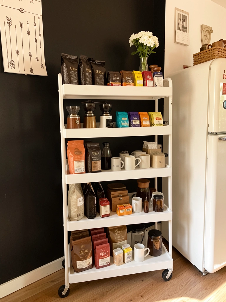 Carrinho de bebidas branco com grãos de café, bule e xícara, flores brancas em vaso, luz natural contra parede preta e branca.