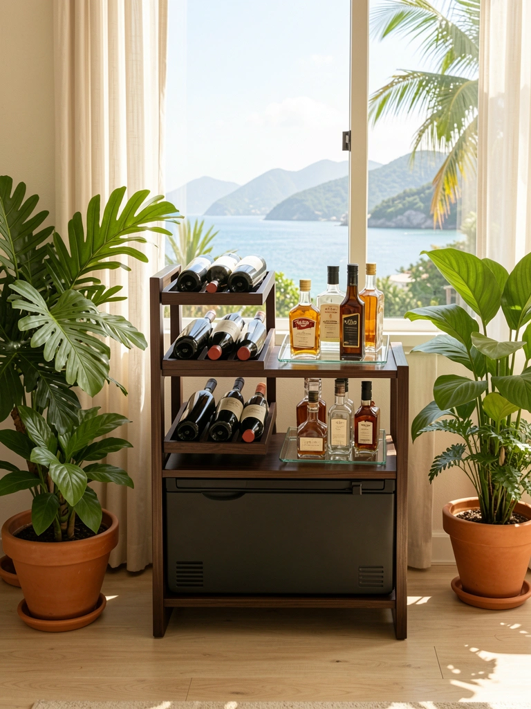 Luz natural incide sobre móvel de madeira escura com garrafas de vinho expostas, cooler e bandeja com destilados; vasos de terracota com plantas verdes ladeiam o conjunto, com vista para mar e montanhas ao fundo.