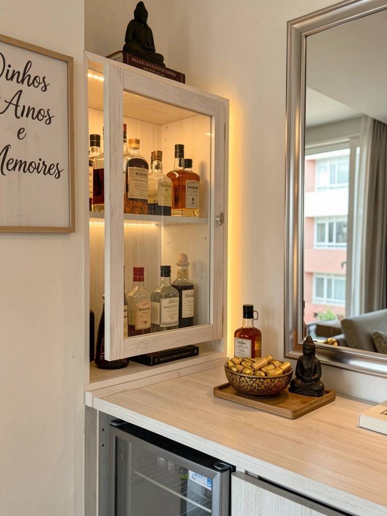 Armário branco com porta de vidro exibe garrafas de uísque e mini-geladeira; tigela com rolhas douradas, moldura 