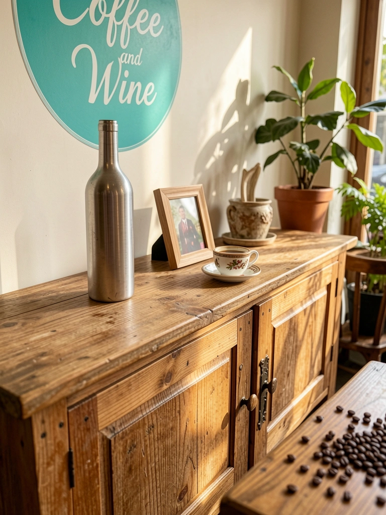 Luz natural incide sobre aparador rústico com garrafa de vinho, xícara decorativa e quadro pequeno, adesivo 
