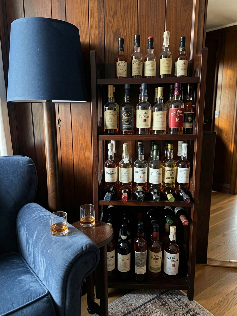 Whisky em taça ao lado de abajur azul escuro e poltrona, com racks de madeira escura e garrafas alinhadas contra painel de madeira.