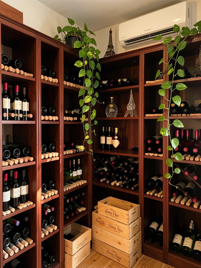 Prateleiras de madeira escura com garrafas de vinho e Louis XIII, vaso de pothos pendente, luz difusa e ar condicionado na parede.