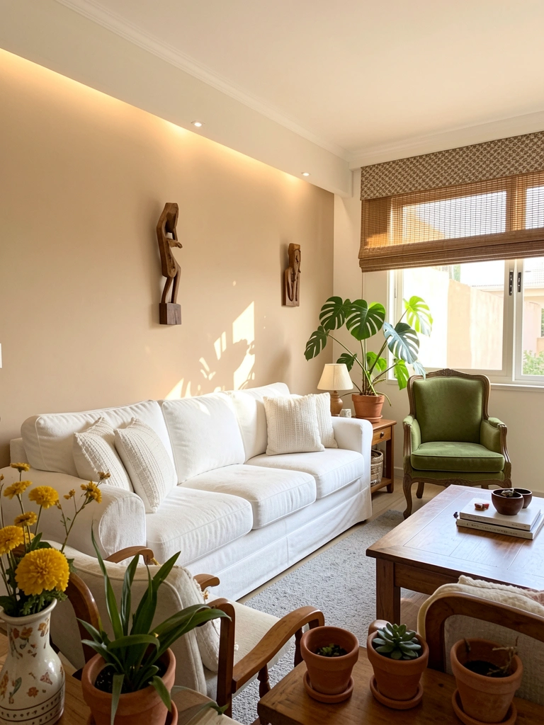 Sofá branco texturizado, poltrona verde vintage e vaso com flores amarelas sob luz natural que entra por janela com persiana de palha.