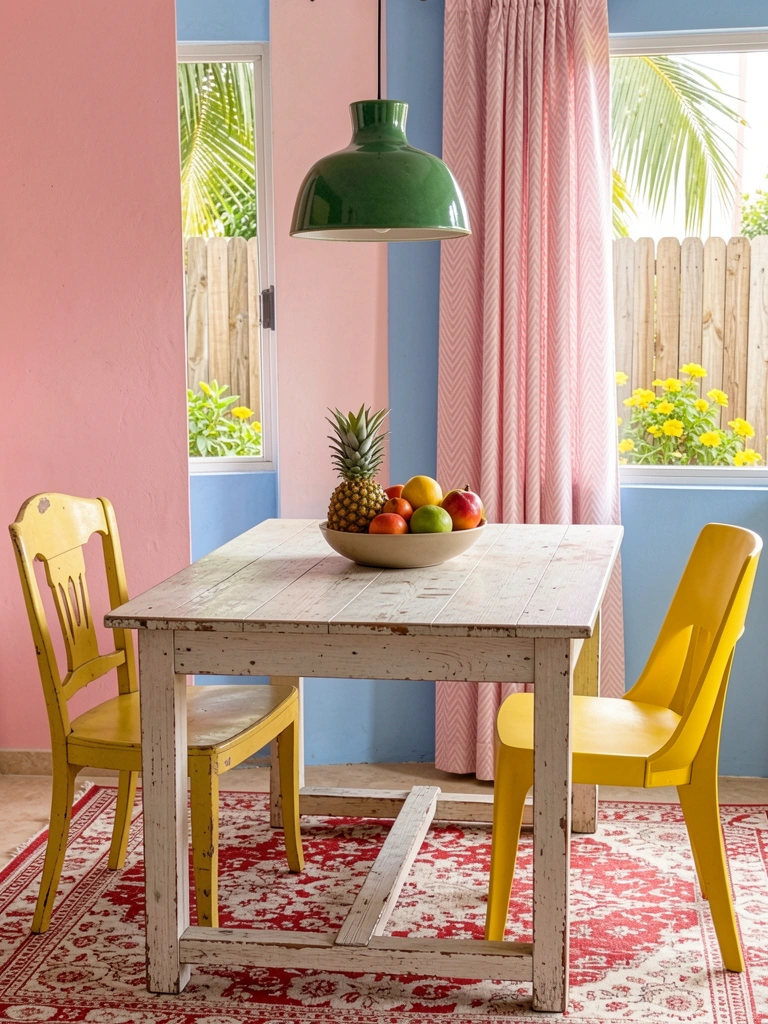 Mesa de madeira clara com abacaxi e tigela de frutas tropicais, luminária de cerâmica verde pendente, cadeiras amarelas e tapete vermelho e branco.
