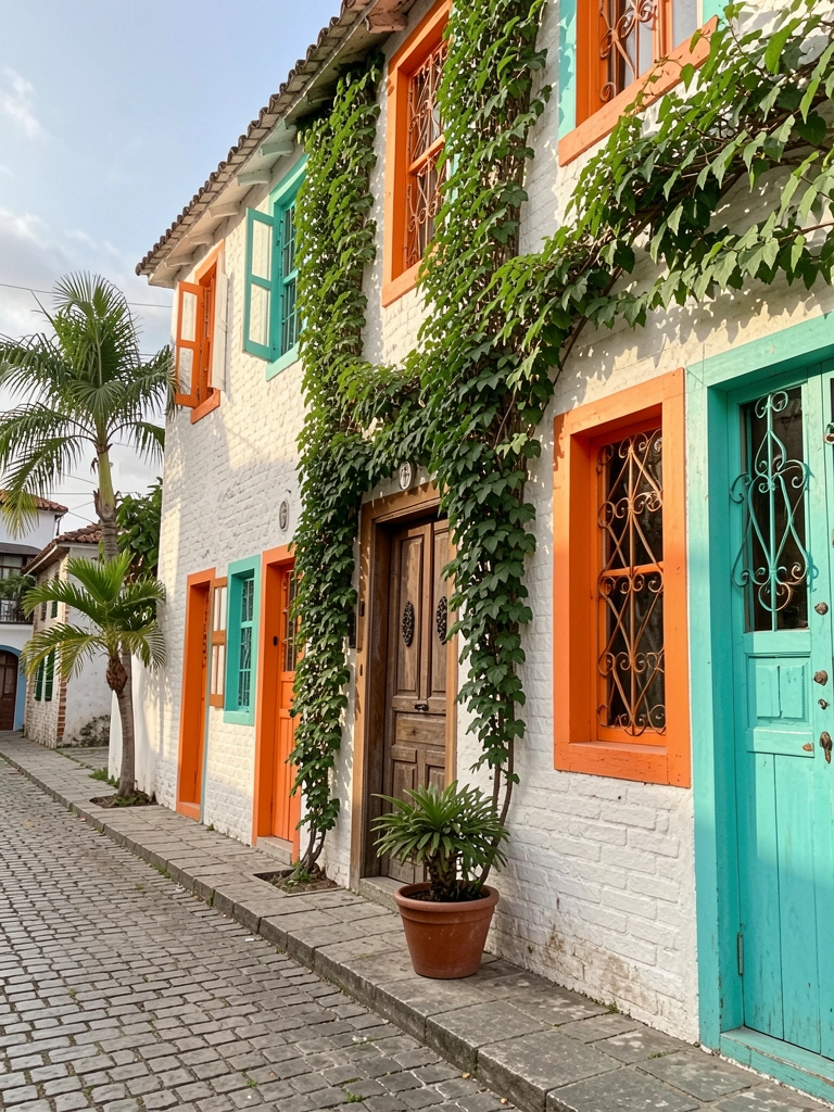 Casa branca com janelas laranja e turquesa, hera verde subindo pela parede, porta rústica de madeira e ferro forjado, vaso na rua de paralelepípedos, palmeira à esquerda, luz natural.