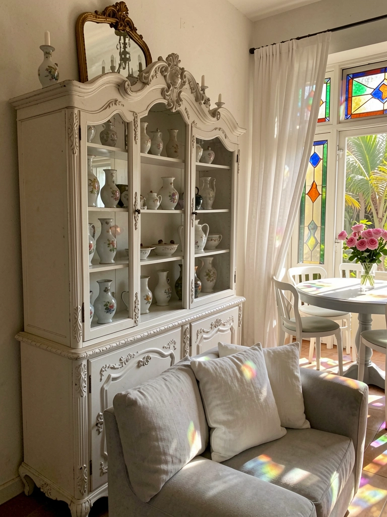 Armário branco antigo com entalhes, espelho dourado refletindo lustre, vasos de porcelana e almofada de linho no sofá cinza claro.