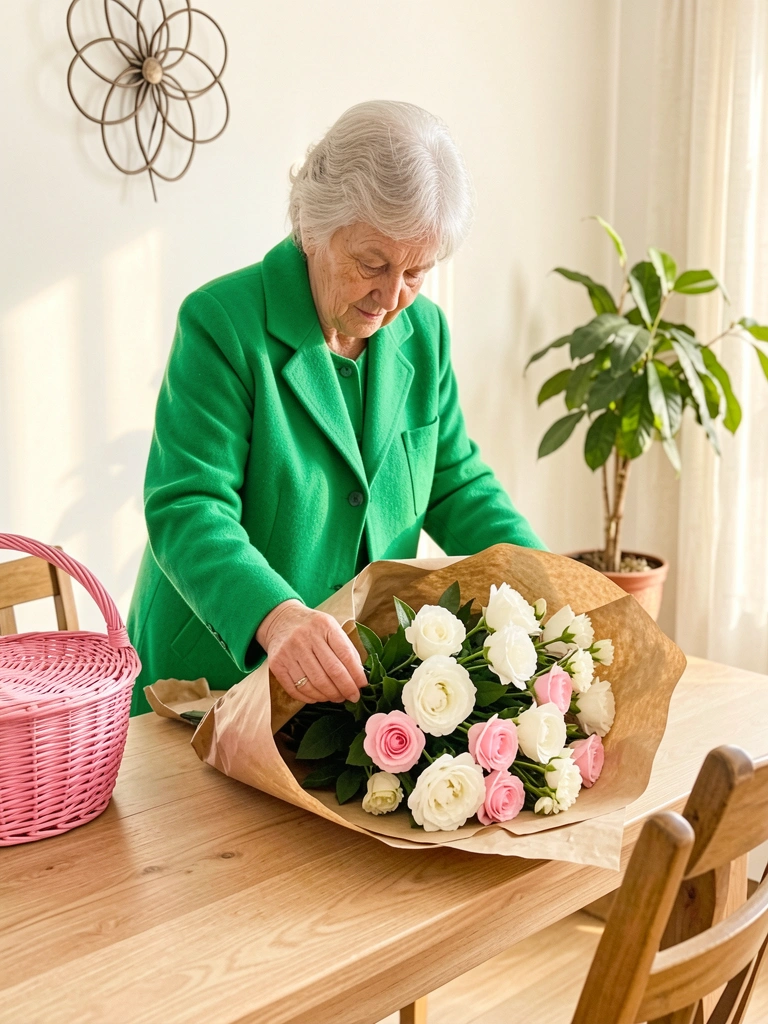 Idosa em cardigã verde arruma buquê de flores brancas e rosas em papel pardo sobre mesa de madeira clara, cesta de vime rosa e vaso ao fundo, luz natural.