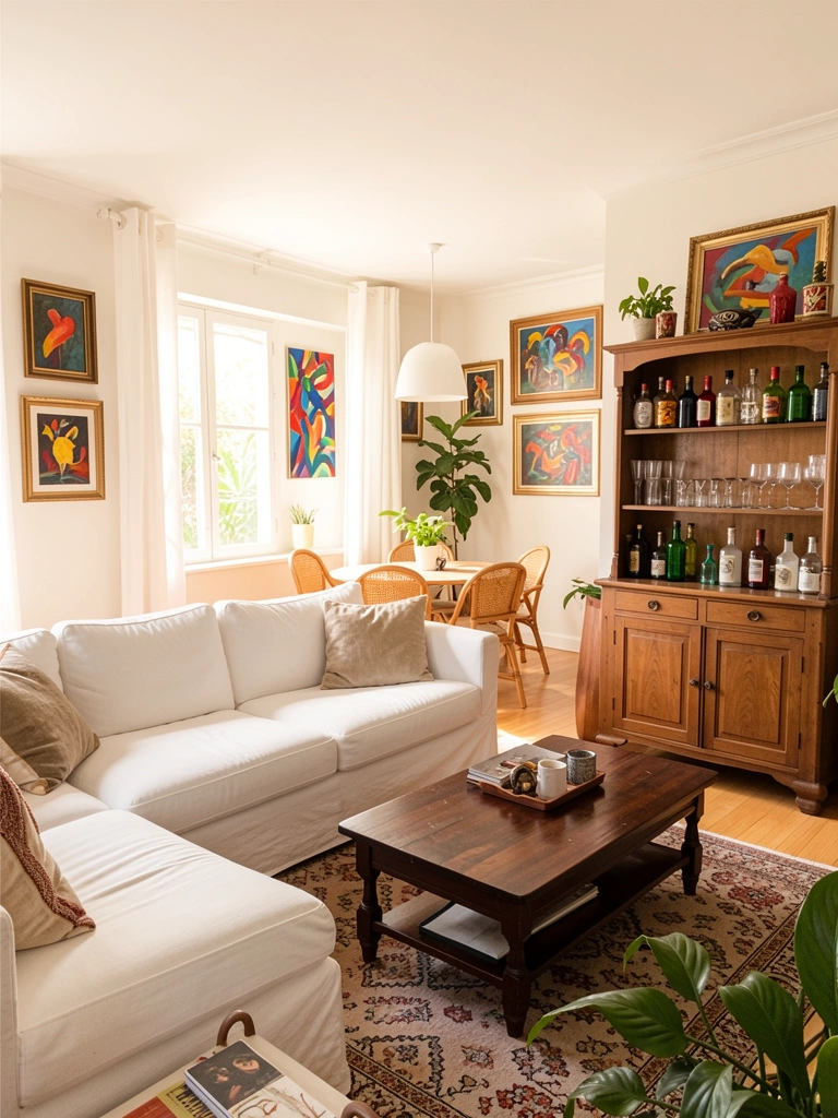 Sofá branco, tapete estampado, mesa de centro escura e armário com garrafas decorativas, luz natural e quadros abstratos coloridos.