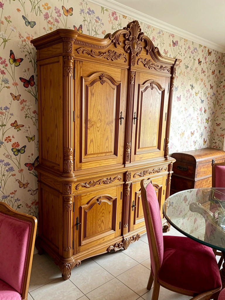 Armário de madeira entalhada com detalhes dourados, papel de parede floral com borboletas, mesa redonda de vidro com cadeira estofada rosa, luz natural do dia.