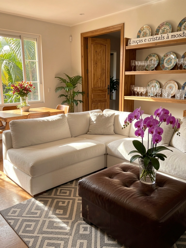 Sofá branco grande com almofadas, tapete geométrico cinza e branco, orquídea roxa em vaso de vidro e luz natural entrando pela janela.