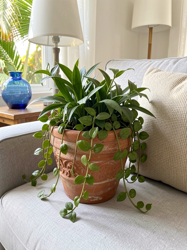 Vaso de terracota texturizado com plantas verdes e trepadeiras sobre sofá cinza claro, almofada bege ao lado, luz natural destacando texturas.