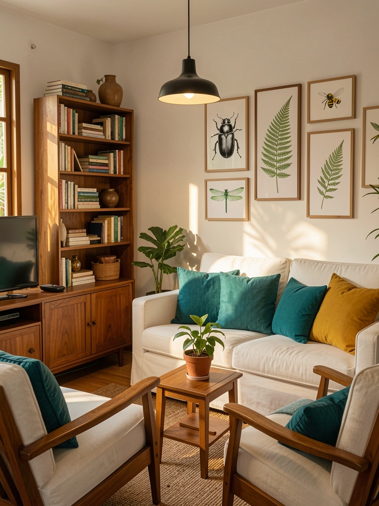 Prateleira com livros empilhados e objetos decorativos, sofá branco com almofadas teal e mostarda, e quadros de insetos na parede.