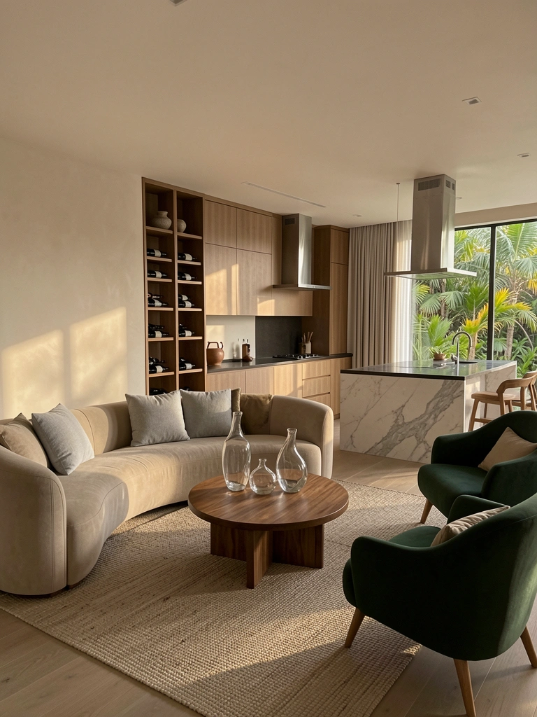 Sofá curvo bege com almofadas cinza, poltrona verde escura e mesa de centro redonda de madeira sob luz natural filtrada por janela com vista para jardim tropical.