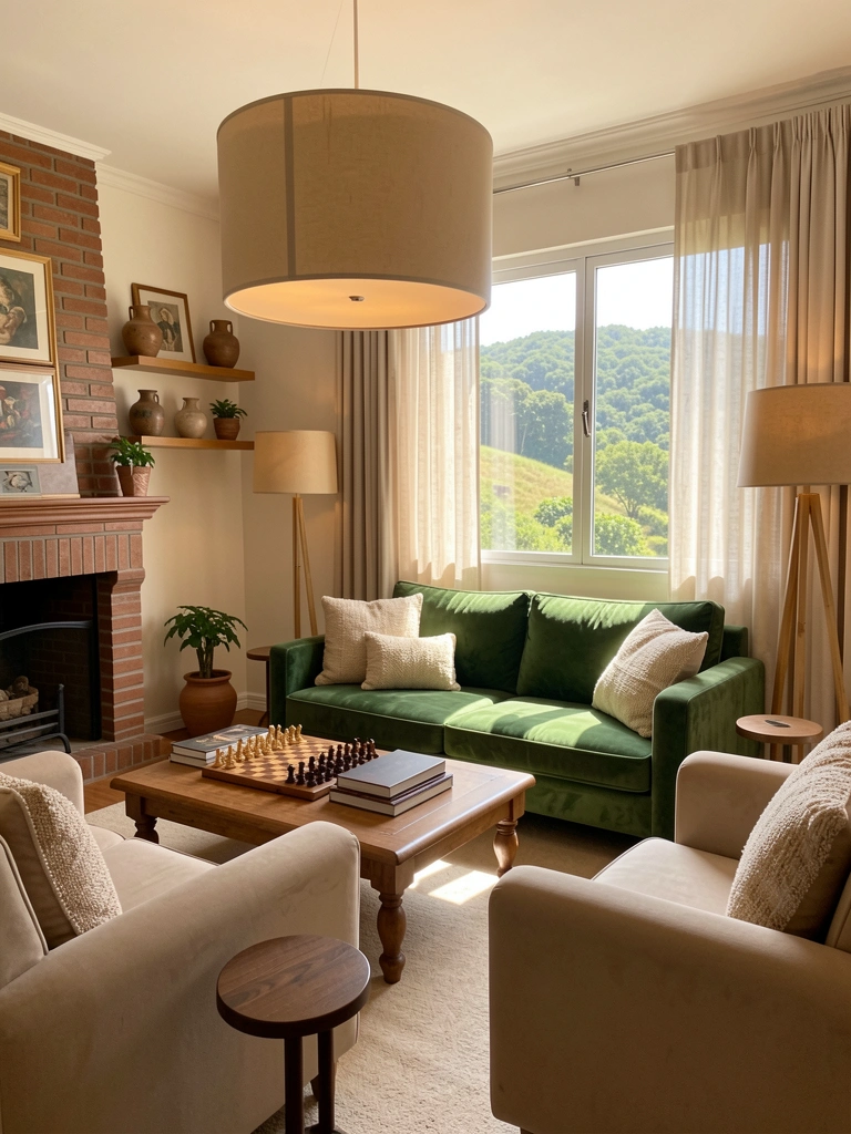 Luminária redonda bege ilumina sofá verde aveludado e tapete claro, com mesa de madeira, livros e jogo de xadrez.
