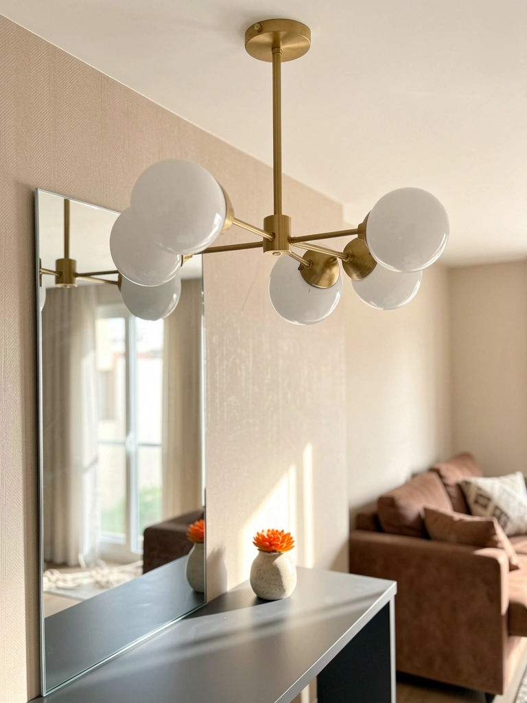 Lustre dourado escovado de quatro braços com lâmpadas brancas esféricas sobre mesa cinza escura, vaso cerâmico com suculenta laranja e parede bege texturizada sob luz natural.