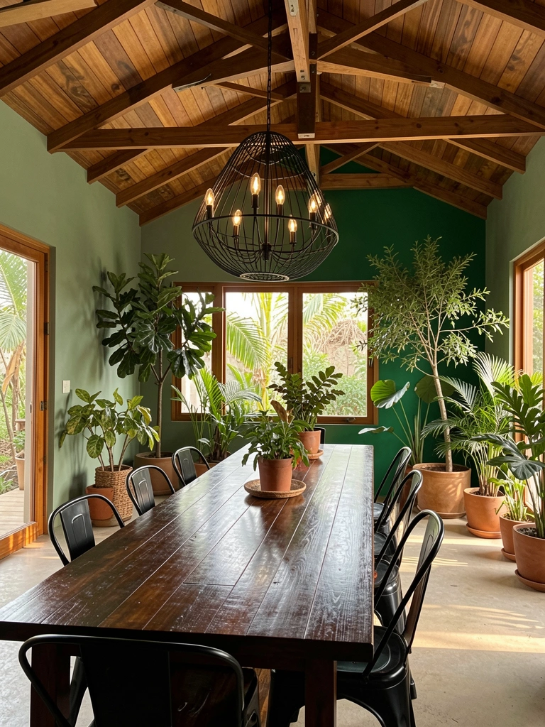 Mesa de jantar de madeira escura com cadeiras pretas de metal, sob lustre preto pendente, parede verde esmeralda e plantas exuberantes em sala iluminada por luz natural.