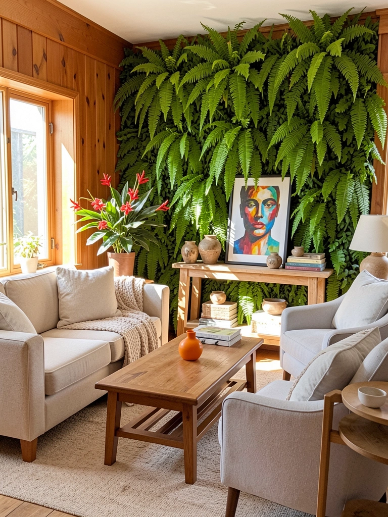 Sofá bege com manta texturizada, parede de samambaias e mesa de centro com vaso laranja sob luz natural.