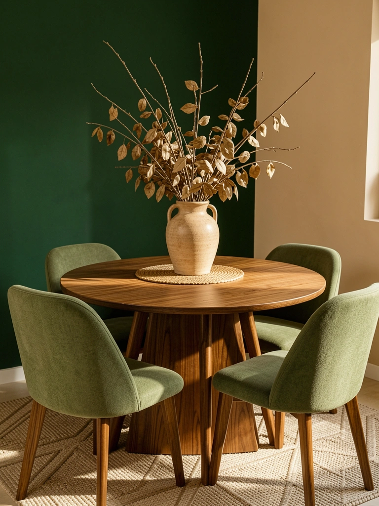 Mesa redonda de madeira com cinco cadeiras estofadas em verde, vaso de cerâmica com galhos secos, parede verde escura e bege, luz natural aquecida.
