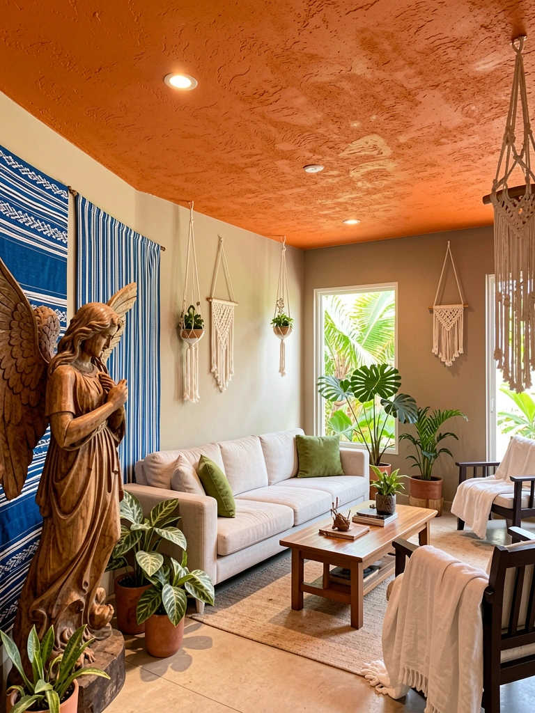 Teto texturizado de argila laranja com luz embutida, escultura de anjo de madeira e sofá claro com almofada verde.