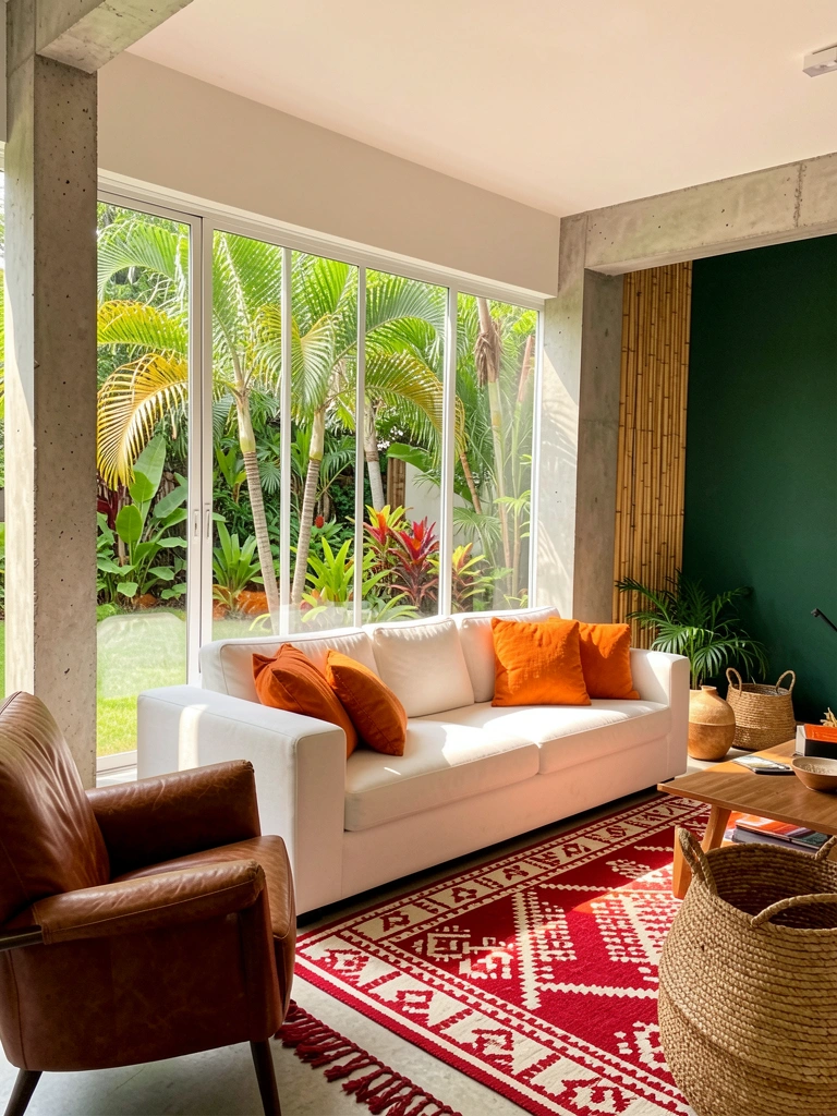 Sofá branco com almofadas laranja, tapete vermelho e branco, parede verde escura e janelões com vista para jardim tropical.