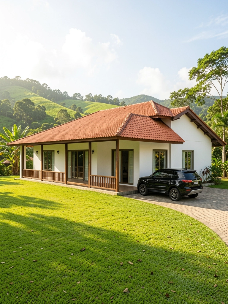 Casa rural branca com telhado de terracota e janelas amplas, SUV preto estacionado na entrada, colinas verdes ao fundo sob luz solar intensa.