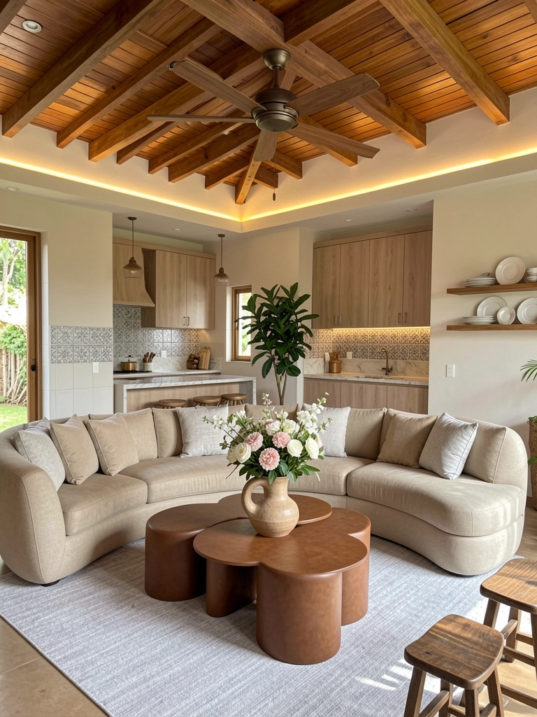 Sofá curvo bege, mesas de centro redondas marrons e vaso cerâmico com flores brancas e rosas sob luz natural e teto de madeira com vigas.