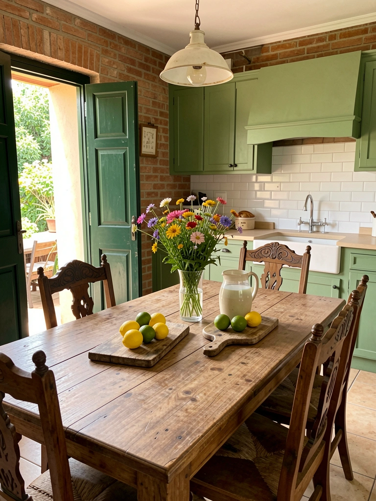 Mesa de madeira rústica com cadeiras entalhadas, buquê de flores silvestres em vaso de vidro e tábua com limões, sob luz natural em cozinha verde com tijolos à vista.