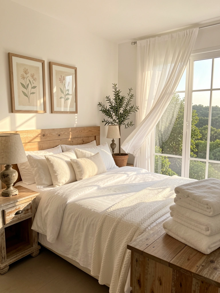 Roupeiro de madeira rústica com toalhas brancas dobradas, vaso de oliveira e cama com roupa de cama de linho e cabeceira de madeira, luz natural filtrada por cortinas brancas.