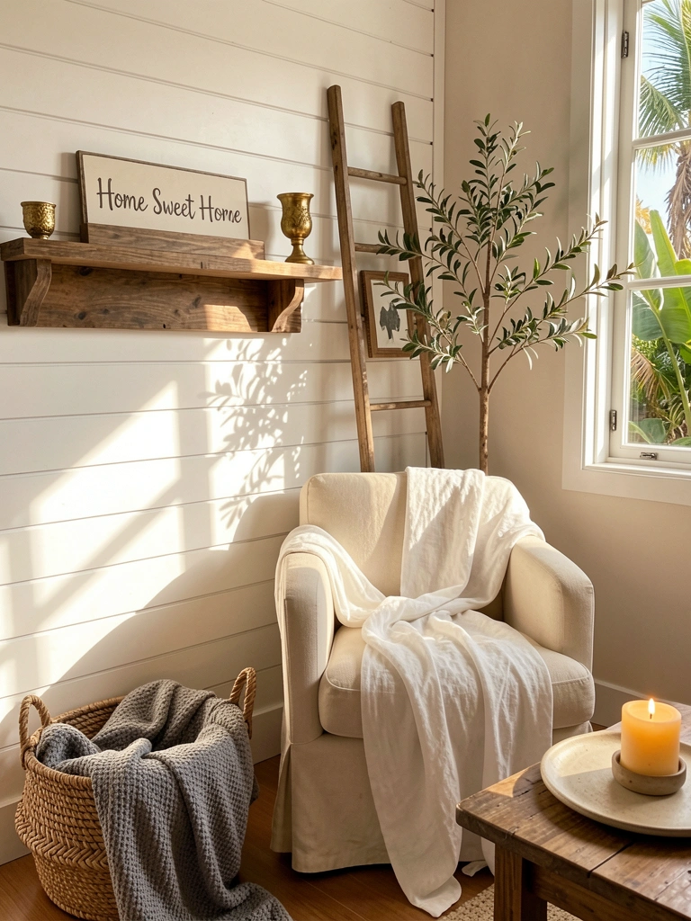 Parede de shiplap branca com lareira rústica, poltrona creme com manta de linho e cesto de vime com manta cinza texturizada.