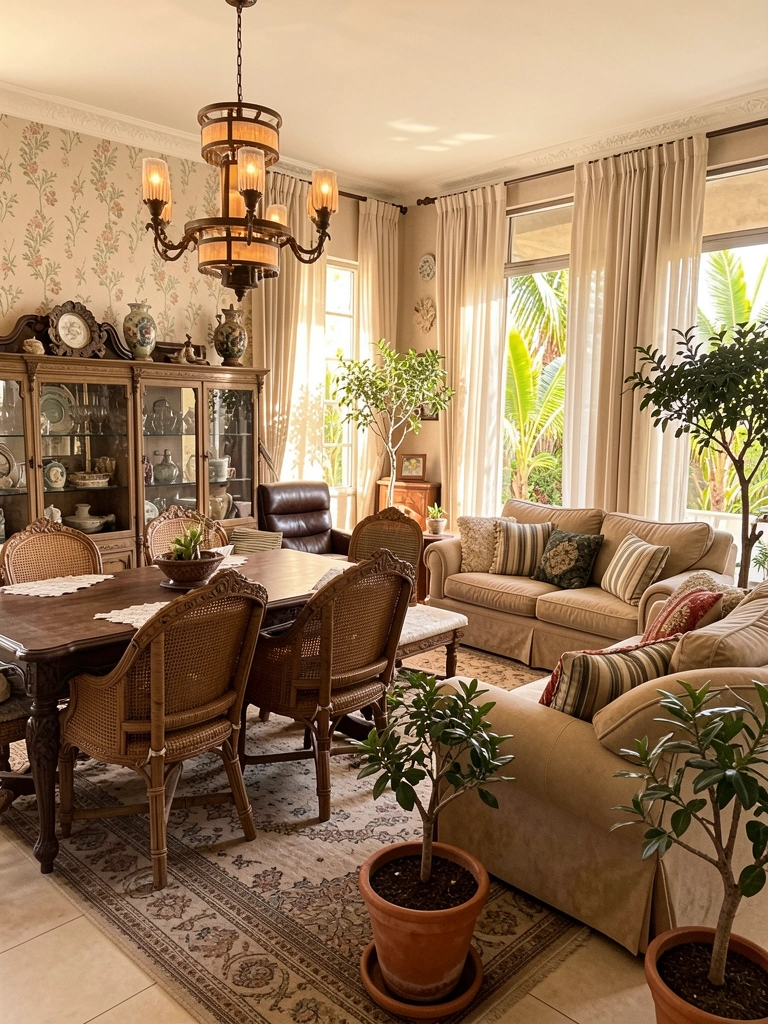 Sala de estar com mesa de jantar grande e cadeiras de vime, sofá bege com almofadas listradas, poltrona de couro marrom e lustre multicamadas pendente.