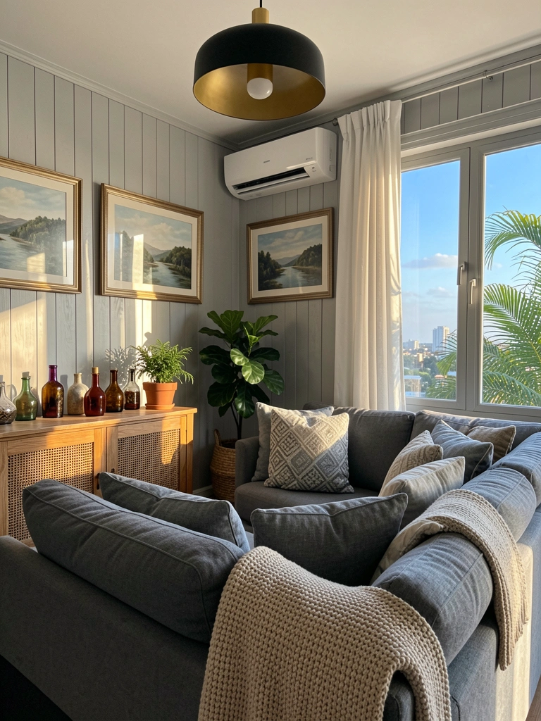 Sofá cinza com almofadas estampadas, manta bege, aparador de madeira com garrafas e vaso, janela com vista urbana e luz natural.