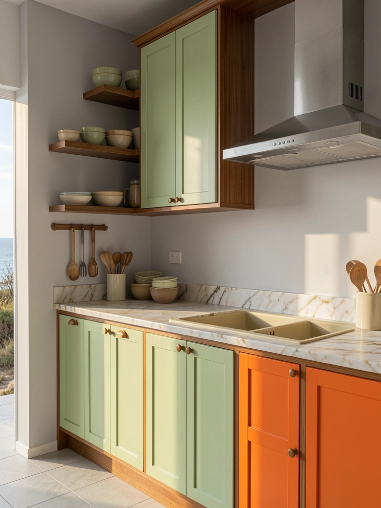 Armários verdes claros com puxadores de madeira, bancada de mármore, coifa de aço inox e utensílios pendurados em fita magnética, sob luz natural.