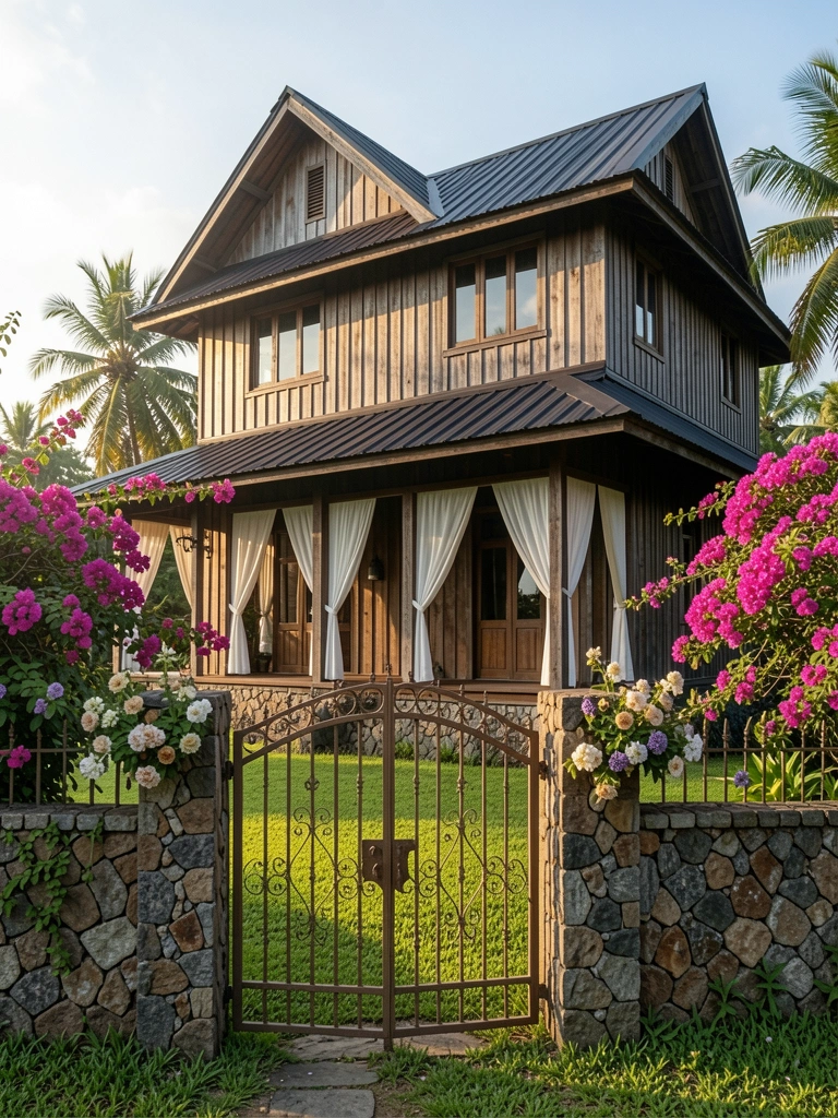 Casa de madeira rústica de dois andares com telhado metálico escuro, varanda com cortinas brancas e portão de ferro forjado sobre fundação de pedra, cercada por grama verde e flores vibrantes sob luz natural tropical.