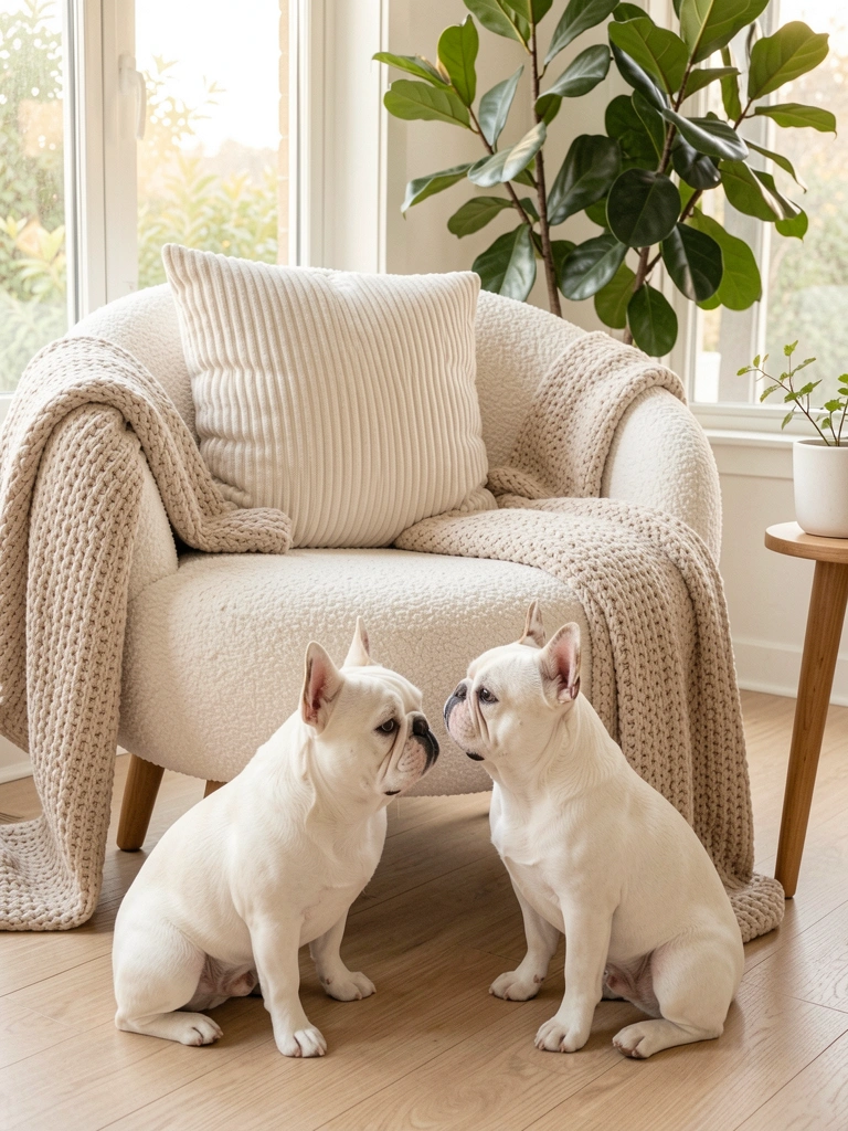 Bulldog francês branco sentado ao lado de poltrona bouclé off-white com almofada de veludo cotelê e manta tricot bege, plantas e luz natural ao fundo.