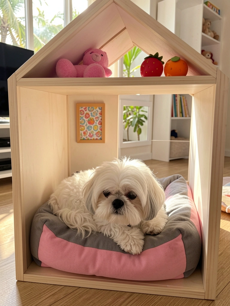 Cachorro shih tzu branco em cama cinza e rosa dentro de nicho em forma de casa, parede com quadro infantil e prateleira com brinquedos, luz natural do dia.