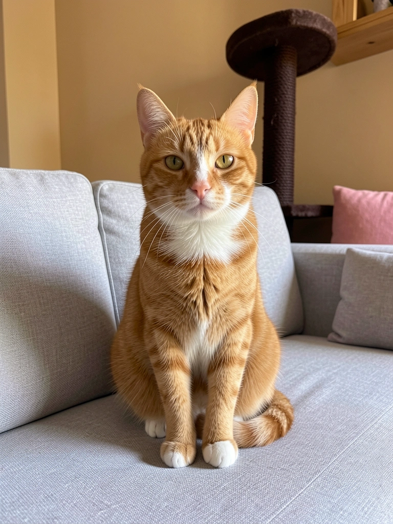 Gato laranja listrado sentado em sofá cinza claro, arranhador de corda marrom contra parede bege, prateleira de madeira e almofada rosa ao fundo.