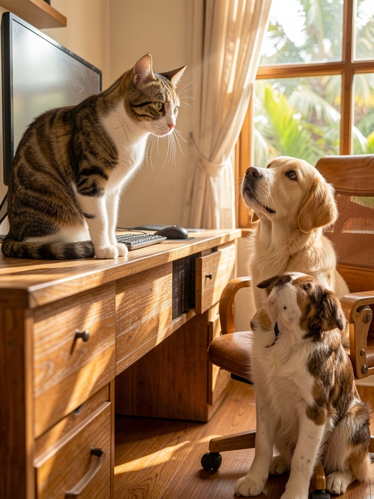 Luz natural filtrada por janela, gato listrado sobre mesa de madeira observando monitor, cão dourado na cadeira e cão malhado no chão, olhando para a tela.