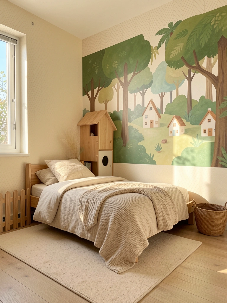 Parede com mural de floresta estilizada, cama de madeira com manta texturizada e baú infantil em formato de casinha, luz natural entrando pela janela.