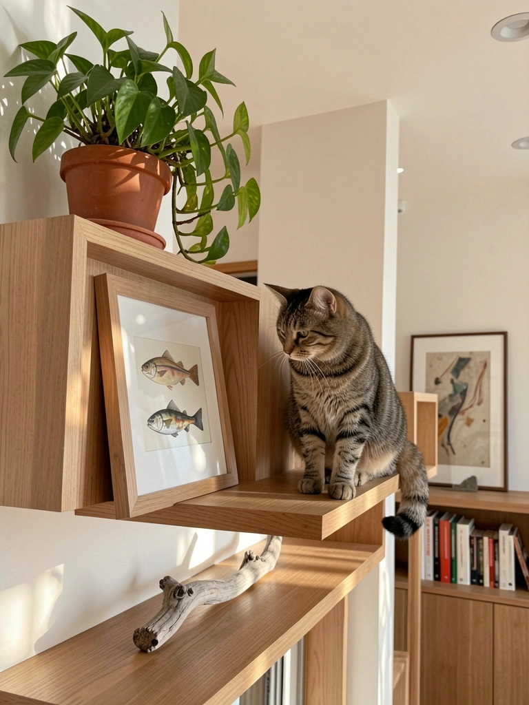 Gato cinza e marrom sobre prateleira de madeira, observando quadro de peixe; planta em vaso de terracota e galho seco, luz natural suave.
