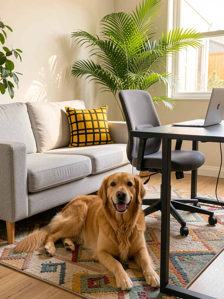 Cachorro golden retriever deitado em tapete geométrico colorido ao lado de sofá cinza claro com almofada xadrez amarela e preta, mesa preta com laptop prateado e cadeira ergonômica escura ao fundo, plantas verdes e luz natural entrando pela janela.