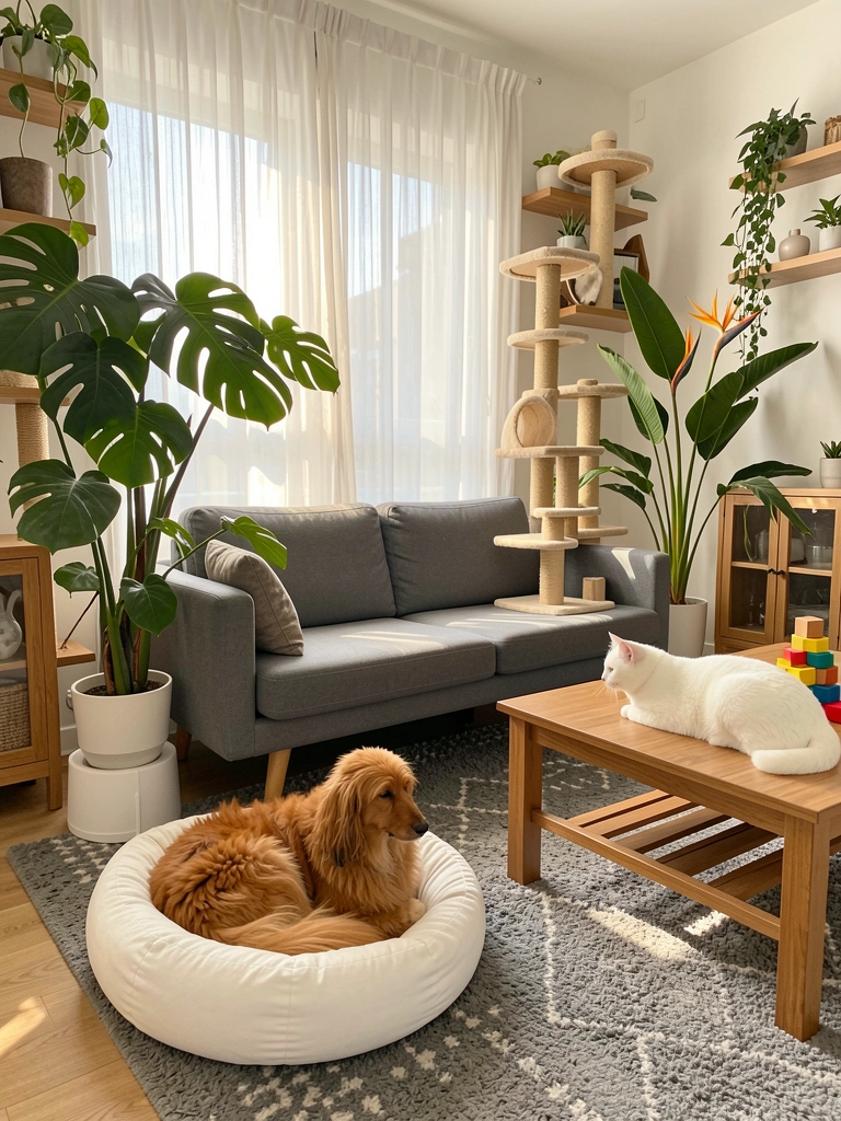 Cachorro caramelo deitado em cama circular branca sobre tapete cinza, gato branco sobre mesa de madeira com brinquedos empilhados, plantas altas e sofá cinza ao fundo com luz natural.
