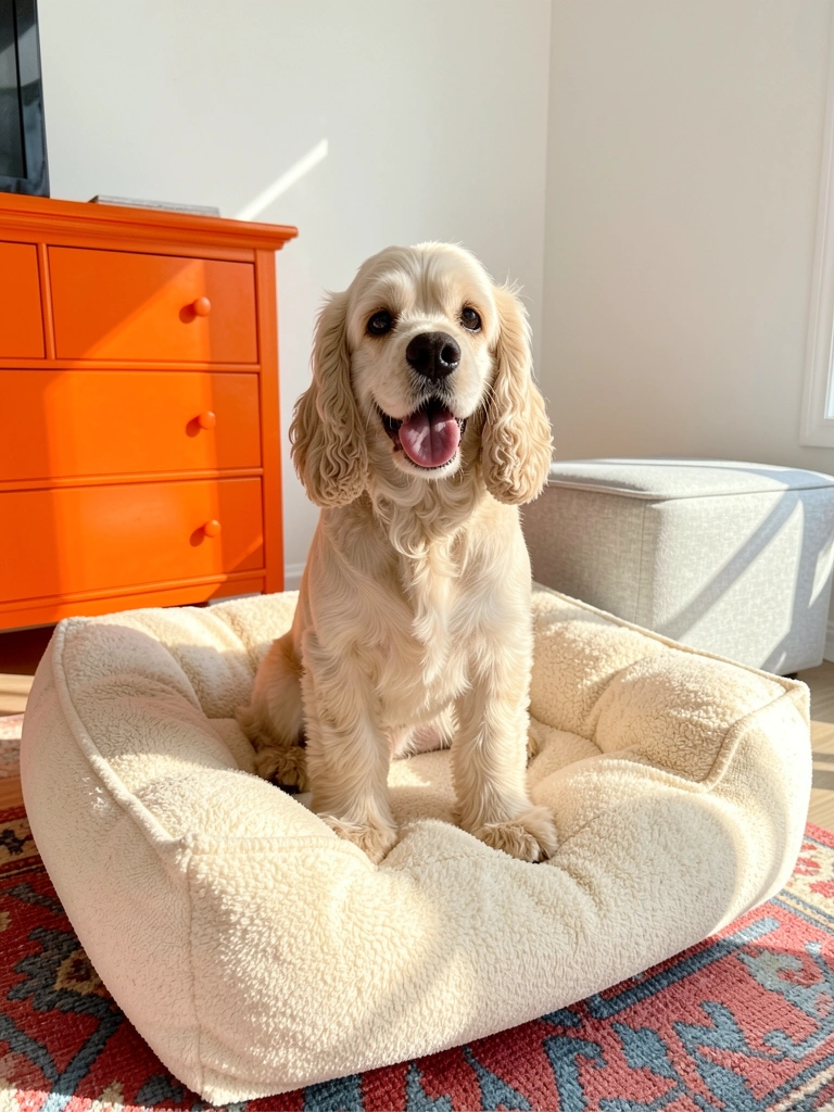 Cocker Spaniel claro sentado em cama creme, cômoda laranja ao fundo, tapete vermelho e azul em primeiro plano, luz natural de janela.