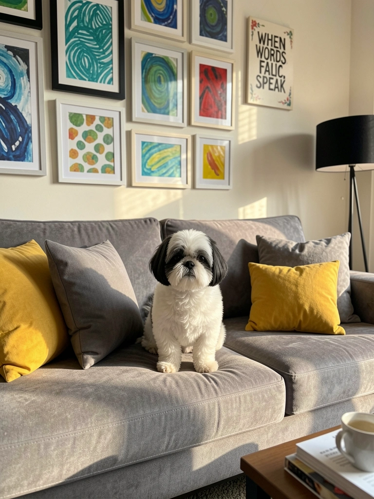 Shih Tzu branco e preto sentado em sofá cinza felpudo com almofadas amarelas e cinzas, parede com quadros abstratos coloridos e luminária preta.
