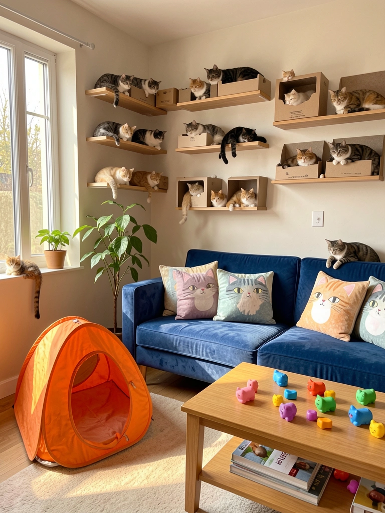 Sofá azul veludo com almofadas de gatos, prateleiras com felinos em caixas, barraca laranja para cão no chão, luz natural de janela.