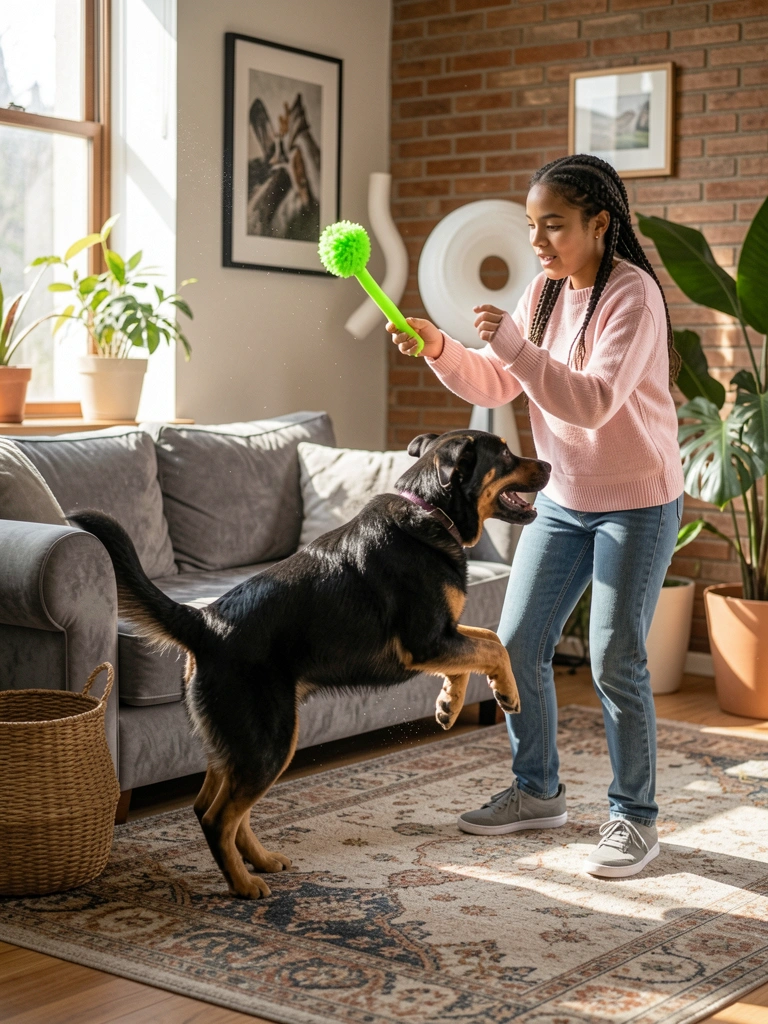 Mulher de trança e suéter rosa joga brinquedo verde para cachorro preto e marrom saltando sobre tapete texturizado, sofá cinza e cesto ao fundo, luz solar com poeira no ar.