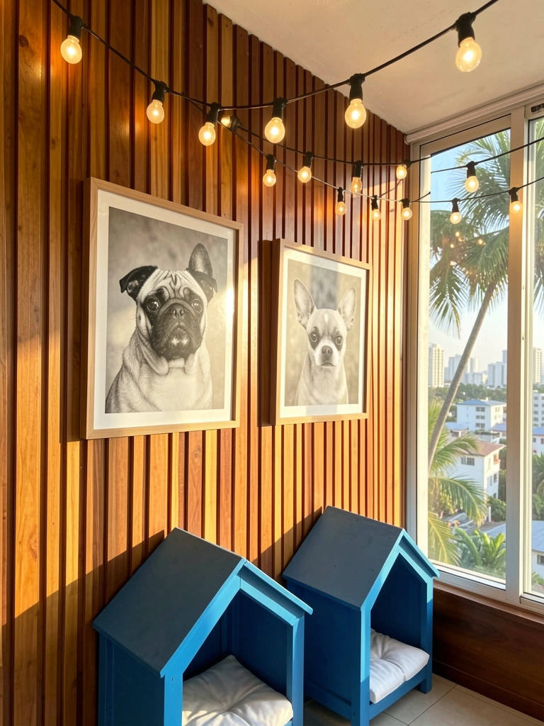 Painel de madeira vertical com retratos em preto e branco de cães, casinhas azuis com almofadas brancas, luzes de cordão e janela com vista urbana.