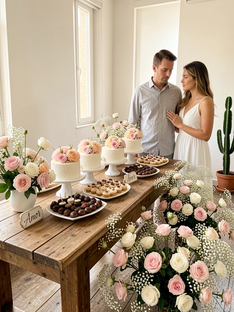 Mesa rústica de madeira com bolos brancos decorados com flores rosas e pêssego, casal ao lado, luz natural e cacto ao fundo.