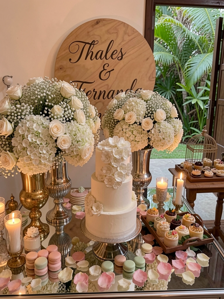 Arranjo floral de hortênsias brancas, rosas e mosquitinho em vasos dourados e prateados, com bolo de andares e macarons coloridos sobre mesa espelhada, à luz de velas.