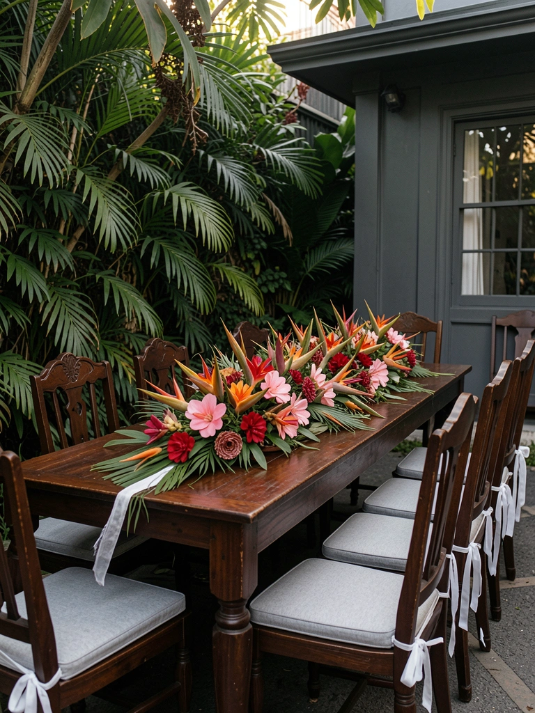 Mesa de madeira escura com arranjo tropical de flores rosas, vermelhas e laranjas em vaso alto, oito cadeiras antigas com almofadas cinza claro e laços brancos, parede de folhagem verde ao fundo sob luz natural difusa.