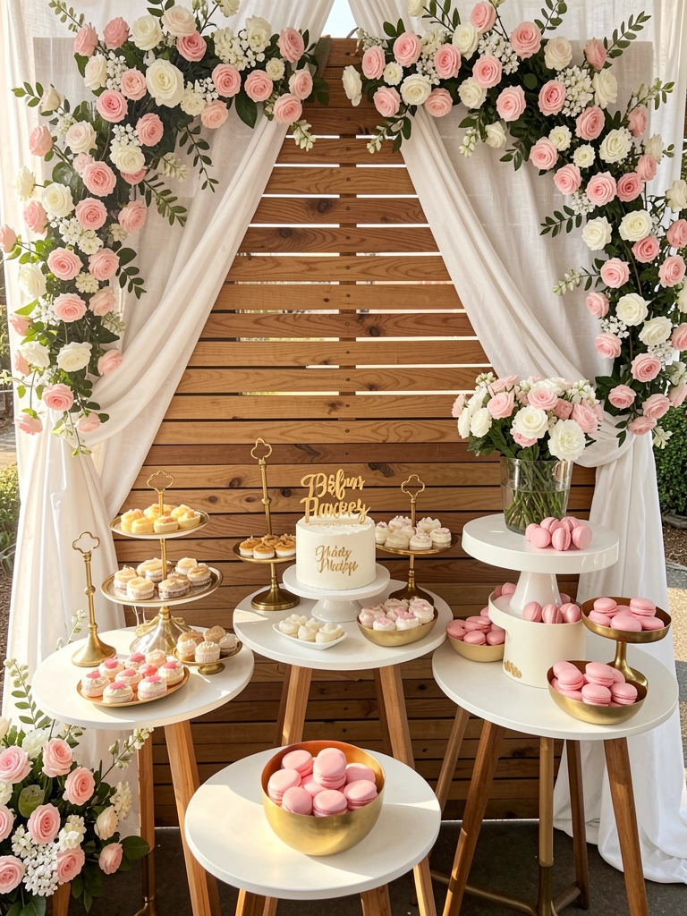 Painel de madeira rústica com cortinas de linho branco, arranjos de rosas e flores brancas, mesa redonda com bolo branco e letras douradas, doces em suportes de andar e tigelas com macarons rosas, iluminação natural suave.